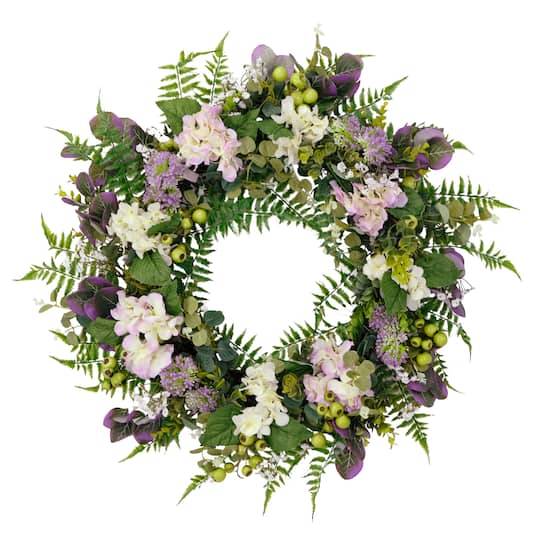 6 Pack: 30&#x27;&#x27; Green &#x26; Purple Hydrangea Floral Spring Wreath
